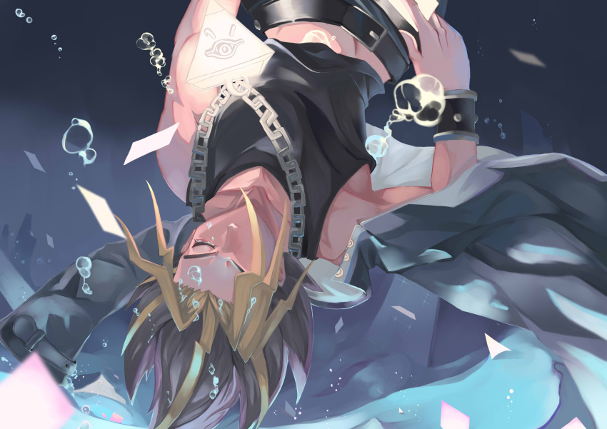1boy, absurdres, air_bubble, belt, black_hair, blonde_hair, chain_necklace, closed_eyes