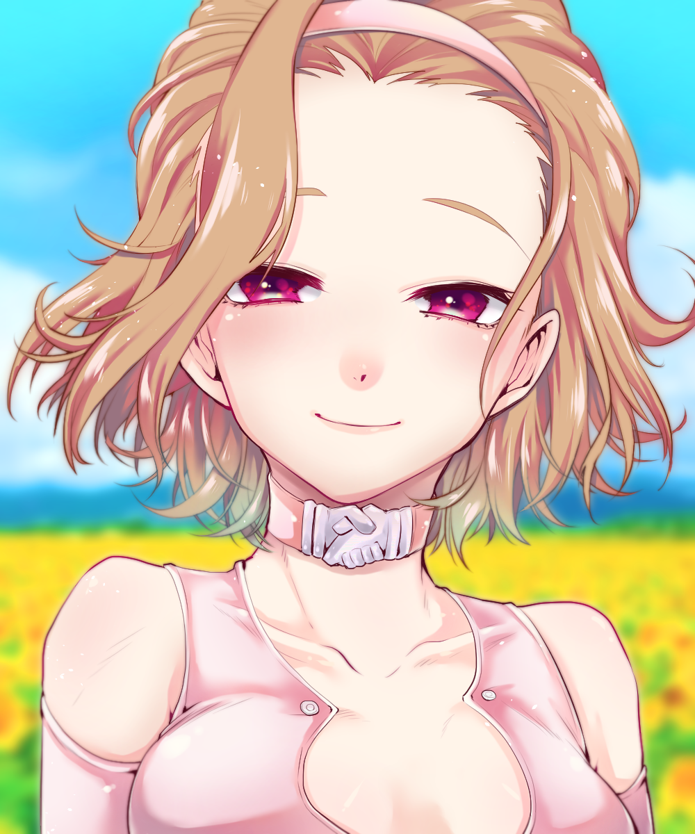 1girl, anakochan, arm_warmers, blue_sky, blurry, breasts, brown_hair, choker, cleavage, clouds, collarbone, depth_of_field, dress, field, flower, flower_field, forehead, hairband, highres, jojo_no_kimyou_na_bouken, pink_dress, portrait, red_eyes, sky, smile, solo, sugimoto_reimi
