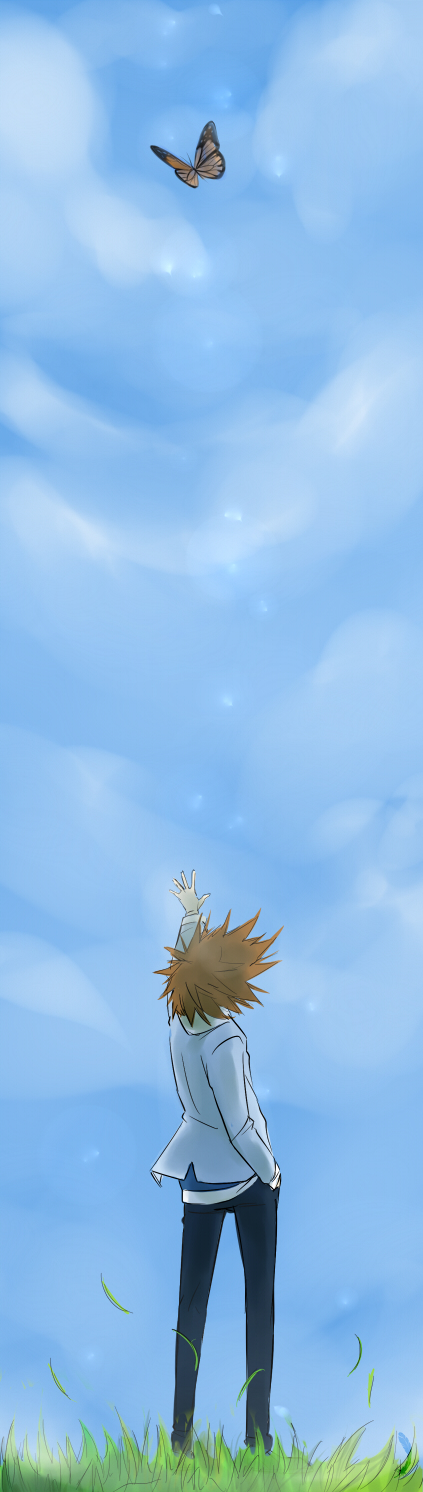1boy, brown_hair, butterfly, clouds, digimon, digimon_adventure_tri., from_behind, grass, hand_in_pocket, highres, inwhite, long_sleeves, outstretched_hand, school_uniform, short_hair, sky, wada_kouji, yagami_taichi