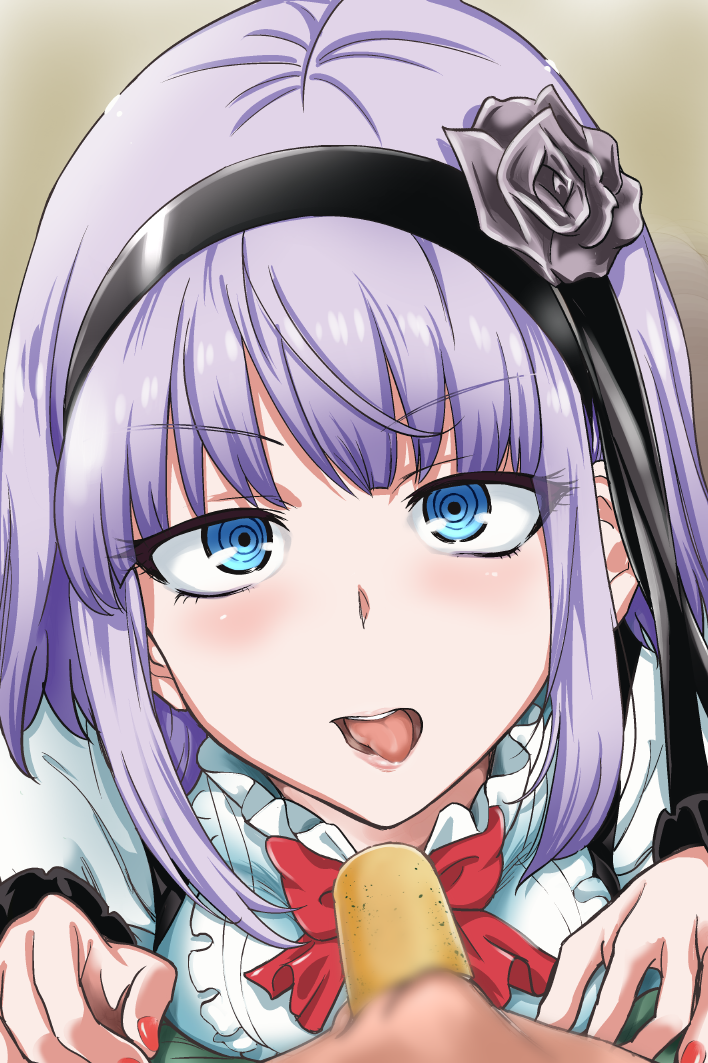 1boy, 1girl, @_@, blue_eyes, blush, dagashi_kashi, food_in_mouth, hairband