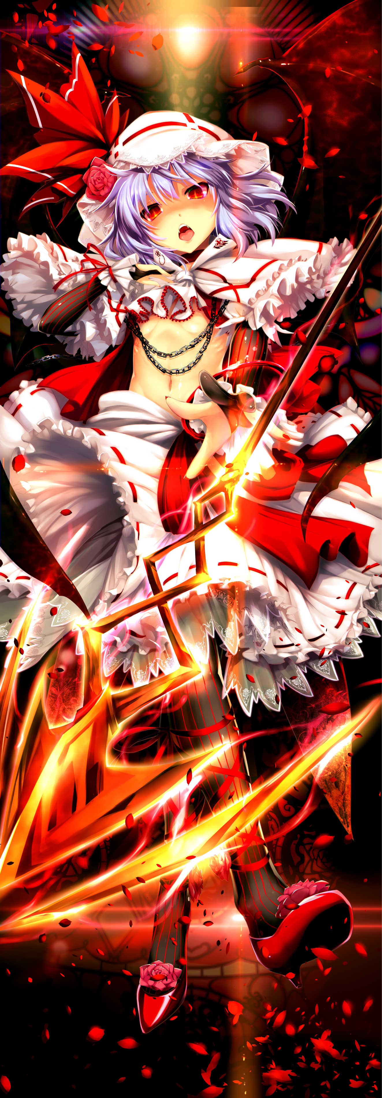 absurdres, black_gloves, black_legwear, blue_hair, breasts, bridal_gauntlets, capelet, fangs