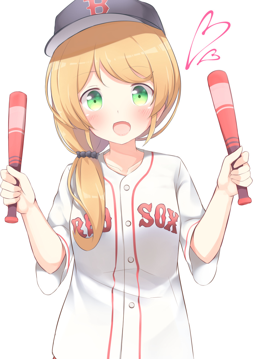 1girl, absurdres, baseball_bat, baseball_cap, blonde_hair, blush, boston_red_sox, buttons, clothes_writing, collarbone, ellen_baker, go-1, green_eyes, hair_over_shoulder, hair_ribbon, hat, heart, highres, holding, long_hair, looking_at_viewer, low_ponytail, new_horizon, open_mouth, ribbon, shirt, short_sleeves, solo, sportswear, upper_body, white_background
