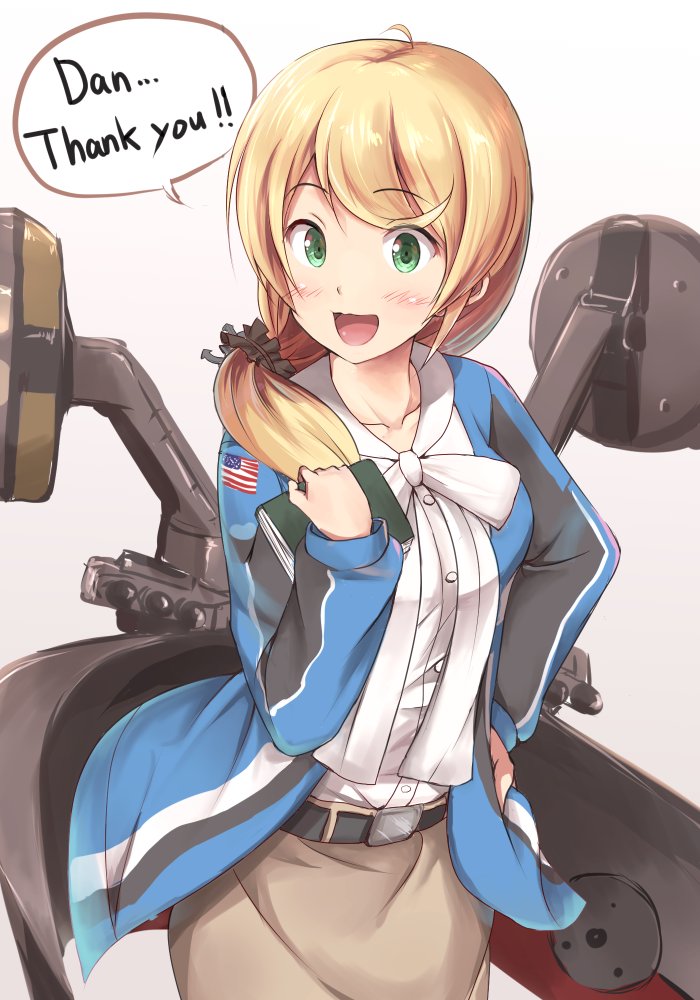american_flag, belt, blonde_hair, blush, buttons, coat, collarbone, ellen_baker, english, eyebrows, eyebrows_visible_through_hair, green_eyes, hair_over_shoulder, hair_ribbon, ichikawa_feesu, kantai_collection, long_hair, looking_at_viewer, low_ponytail, machinery, new_horizon, open_clothes, open_coat, open_mouth, prinz_eugen_(kantai_collection), prinz_eugen_(kantai_collection)_(cosplay), ribbon, scrunchie, shirt, simple_background, skirt, turret