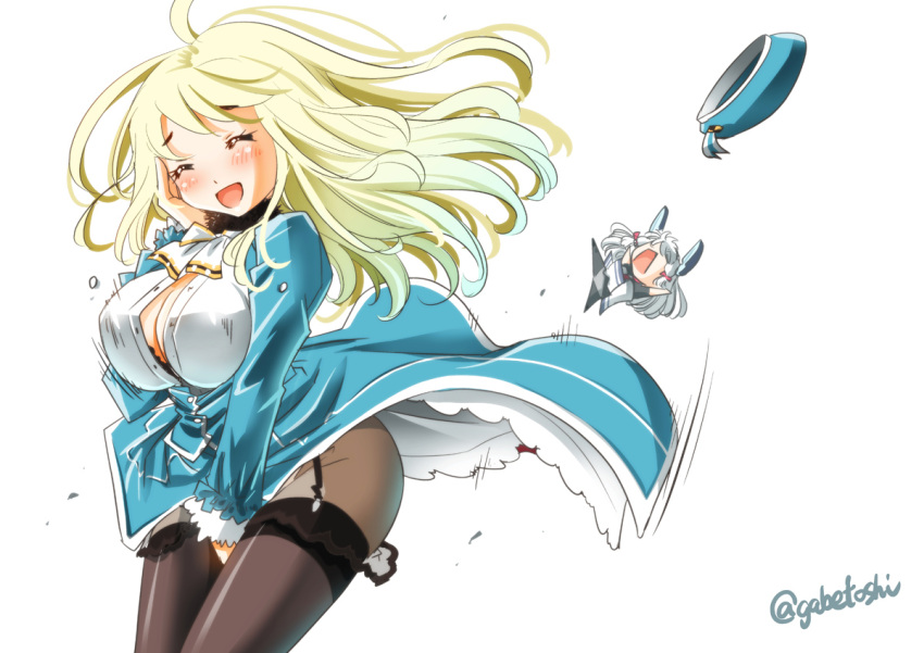 2girls, ^_^, ahoge, arms_up, atago_(kantai_collection), bangs, beret, between_legs