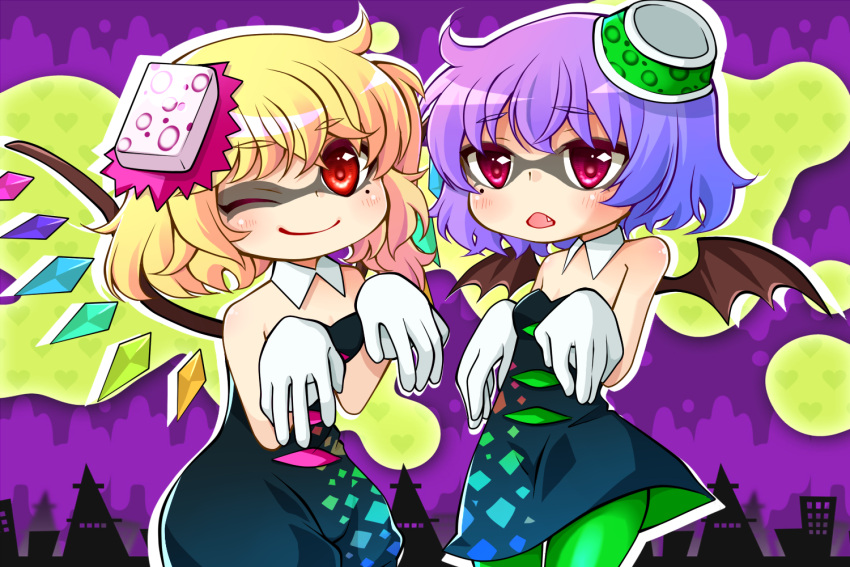 2girls, bare_shoulders, bat_wings, black_dress, blonde_hair, callie_(splatoon)_(cosplay), cosplay, detached_collar