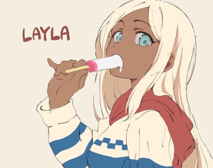 1girl, abancho, aqua_eyes, blonde_hair, character_name, commentary_request, dark_skin, hood, hoodie, idolmaster, idolmaster_cinderella_girls, layla_(idolmaster), long_hair, looking_at_viewer, older, popsicle, solo