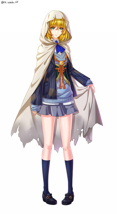 1girl, aqua_eyes, ascot, blonde_hair, blue_legwear, cape, furofuki_daikon, genderswap