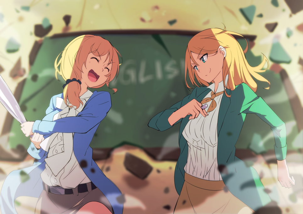 2girls, ^_^, anne_green, bangs, baseball_bat, battlefield, between_fingers, blonde_hair