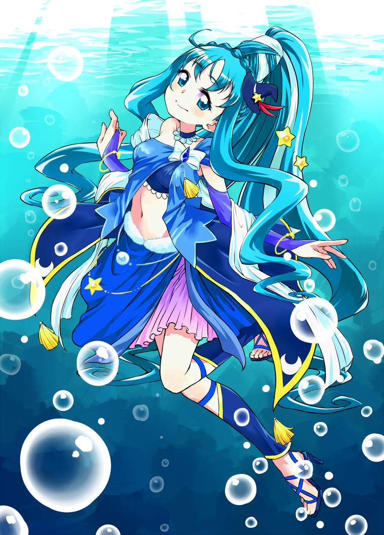 1girl, black_hat, blue, blue_bow, blue_eyes, blue_hair, blue_skirt, bow, braid, bridal_gauntlets, bubble, choker, color_connection, cosplay, crown_braid, cure_magical, cure_magical_(cosplay), cure_marine, full_body, hat, heartcatch_precure!, humiu, kurumi_erika, long_hair, looking_at_viewer, mahou_girls_precure!, midriff, mini_hat, mini_witch_hat, navel, ponytail, precure, sandals, sapphire_(stone), sapphire_style, sash, sidelocks, skirt, smile, solo, underwater, witch_hat