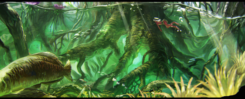 1boy, air_bubble, animal, arowana, barefoot, bayashiko, blurry, dark_skin