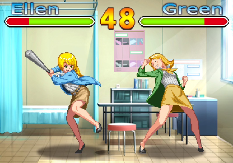 2girls, anne_green, baseball_bat, blonde_hair, blue_jacket, ellen_baker, fake_screenshot, fighting_game