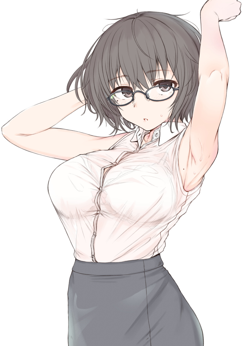1girl, armpits, arms_up, black_eyes, black_hair, blush, bra, breasts