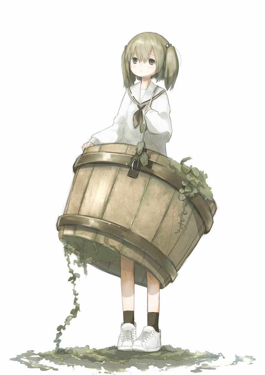 1girl, alternate_costume, black_legwear, bucket, full_body, green_eyes, green_hair, highres