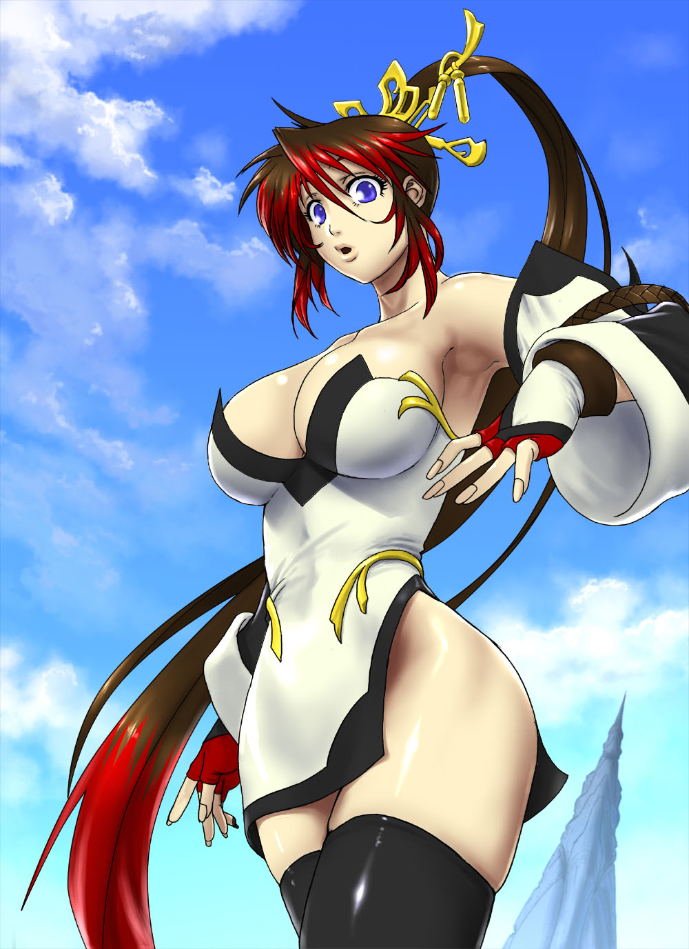 breasts, dress, endless_frontier, fingerless_gloves, gloves, highres, huge_breasts, kazue