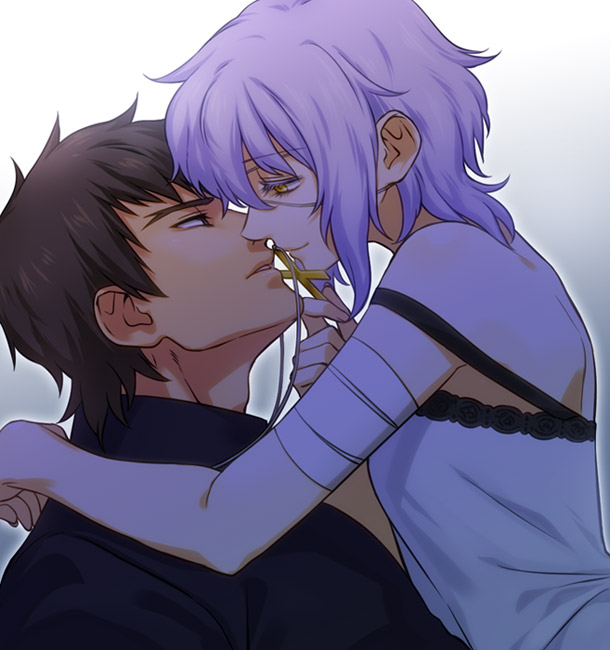 1boy, 1girl, bandages, black_hair, claudia_hortensia, couple, cross, cross_necklace, eyepatch, fate/stay_night, fate/zero, fate_(series), hetero, husband_and_wife, jewelry, kotomine_kirei, necklace, short_hair, white_hair, yellow_eyes, zanshi