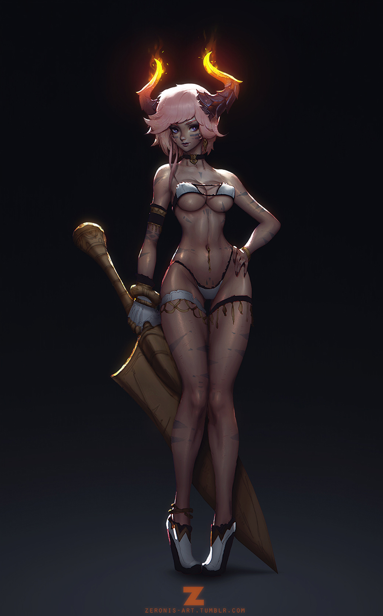 1girl, anklet, armlet, artist_name, bikini, bodypaint, bracelet, breasts, choker, cleavage, closed_mouth, demon_girl, demon_horns, earrings, eyebrows, fire, flame, flaming_horns, full_body, grey_background, groin, head_tilt, highres, holding, holding_sword, holding_weapon, horns, huge_weapon, jewelry, large_breasts, lips, long_legs, looking_at_viewer, midriff, nail_polish, navel, navel_piercing, original, paul_kwon, piercing, pigeon-toed, pink_hair, red_nails, shoes, short_hair, simple_background, single_glove, smile, solo, standing, stomach, strapless, strapless_bikini, swimsuit, sword, thick_eyebrows, thigh_gap, thigh_strap, under_boob, violet_eyes, watermark, weapon, web_address, white_bikini, white_shoes