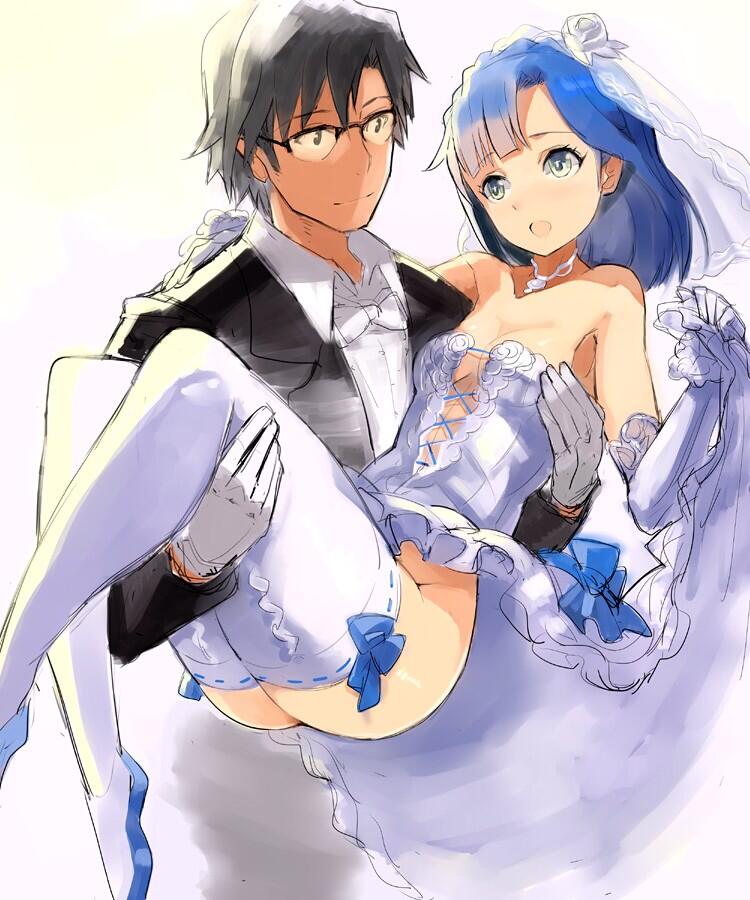 1boy, 1girl, blue_hair, blush, bridal_veil, bride, carrying, corset, dress, elbow_gloves, glasses, gloves, idolmaster, idolmaster_million_live!, nanao_yuriko, princess_carry, producer_(idolmaster_anime), shoohee, short_hair, sketch, smile, thigh-highs, veil, wedding_dress, yellow_eyes
