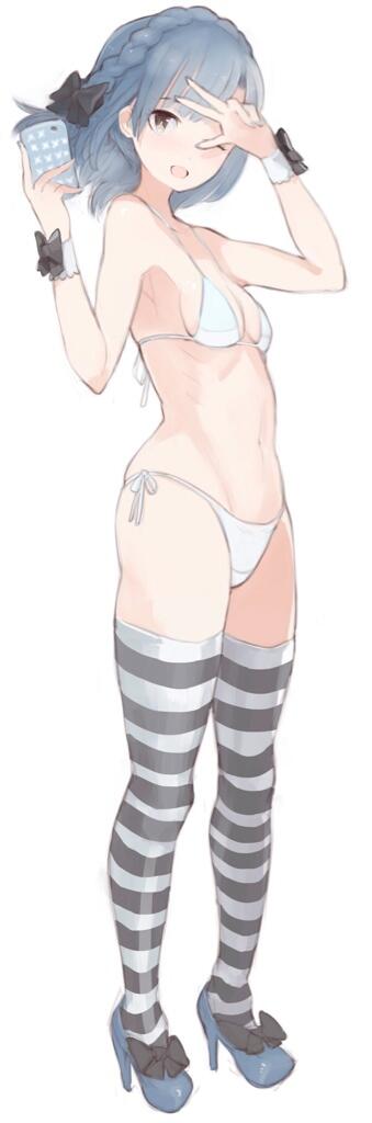 1girl, bikini, blue_hair, blush, breasts, cellphone, idolmaster, idolmaster_million_live!