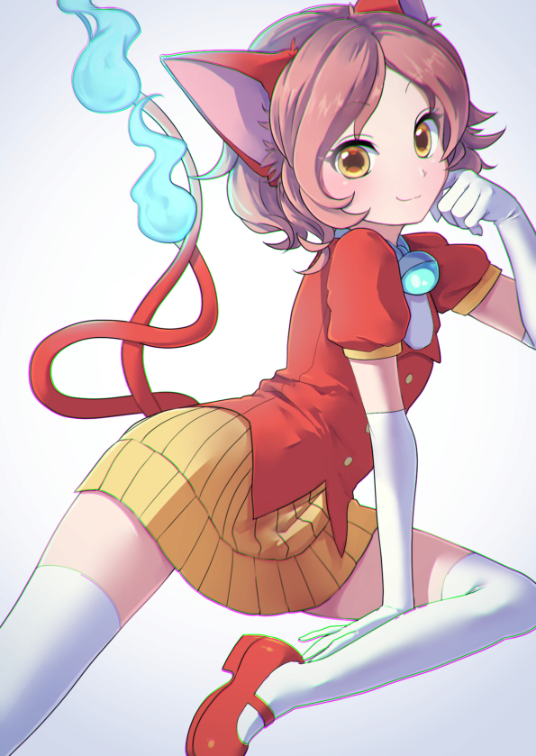 1girl, animal_ears, cat_ears, cat_tail, chromatic_aberration, elbow_gloves, gloves, jibanyan