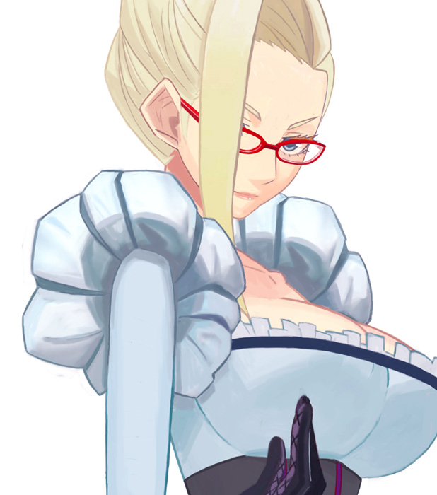 1girl, blonde_hair, blue_eyes, breasts, glasses, gunslinger_stratos, large_breasts, looking_at_viewer