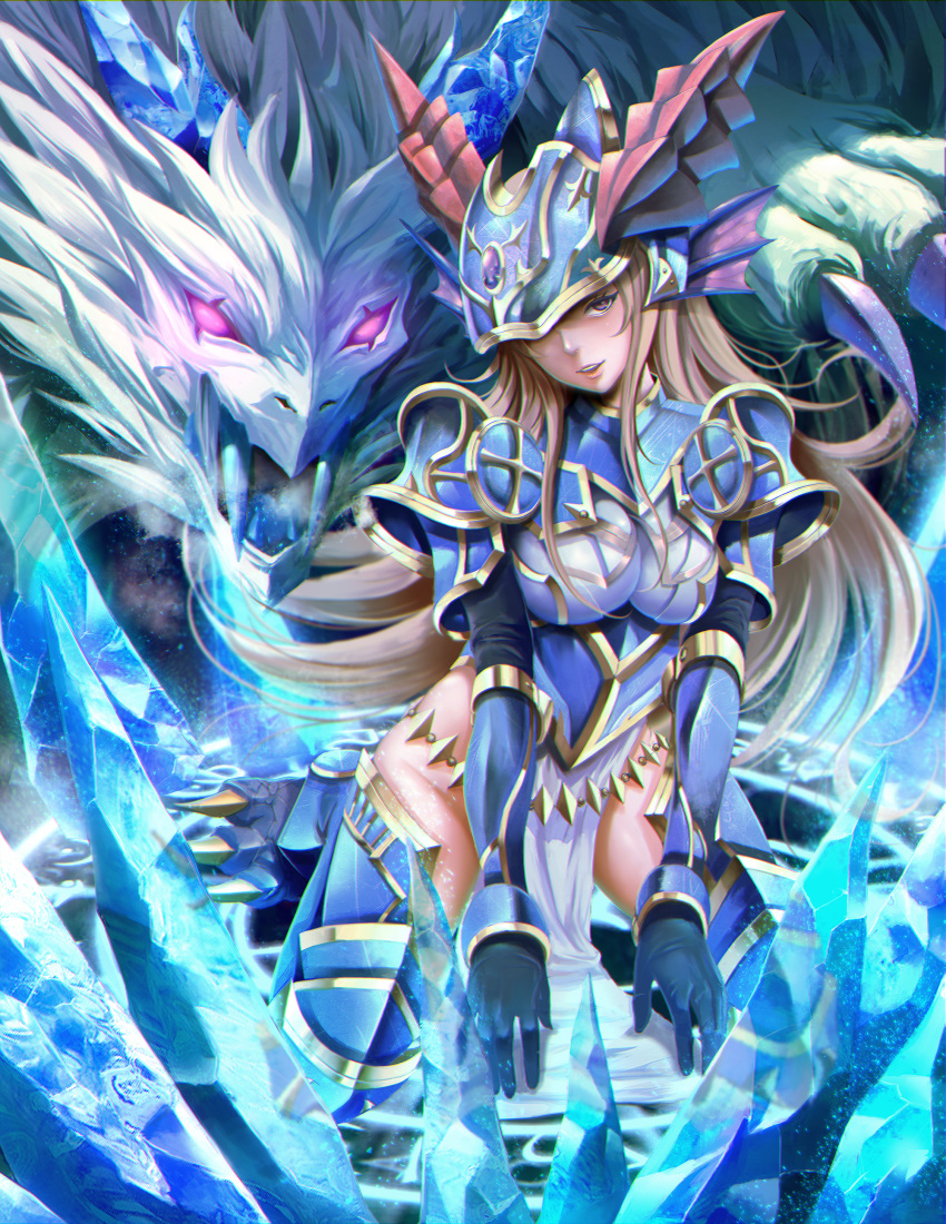 1girl, absurdres, armor, black_gloves, blonde_hair, blue_sonia_(p&amp;d), breastplate, claws, dragon, dragon_girl, dragon_horns, fang, fangs, gloves, head_fins, helmet, highres, horns, ice, ilsix, kneeling, long_hair, looking_at_viewer, magic_circle, open_mouth, parted_lips, pelvic_curtain, puzzle_&amp;_dragons, sho_(shoichi-kokubun), thigh-highs, vambraces, very_long_hair, violet_eyes