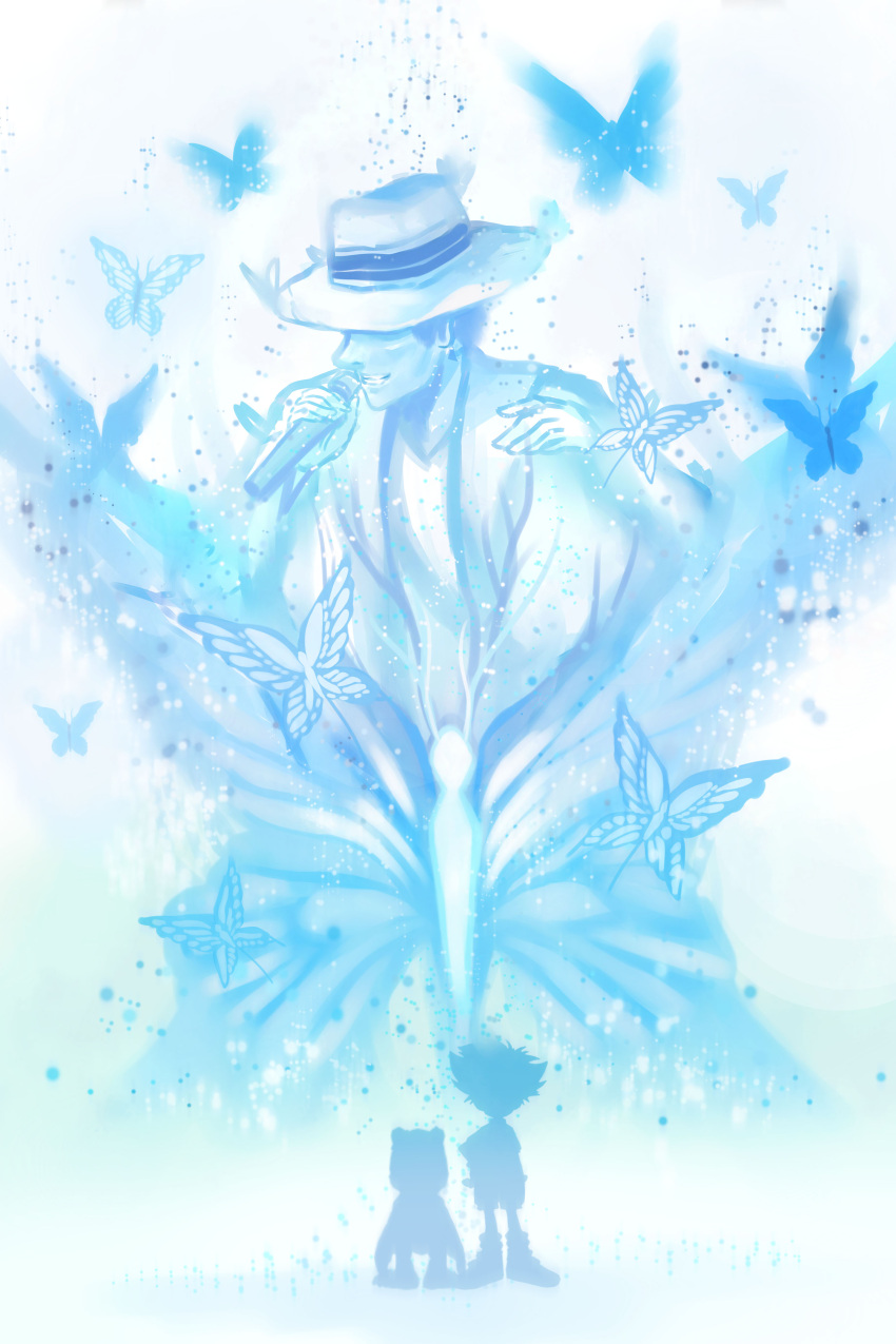 2boys, absurdres, agumon, blue, butterfly, child, crossover, digimon