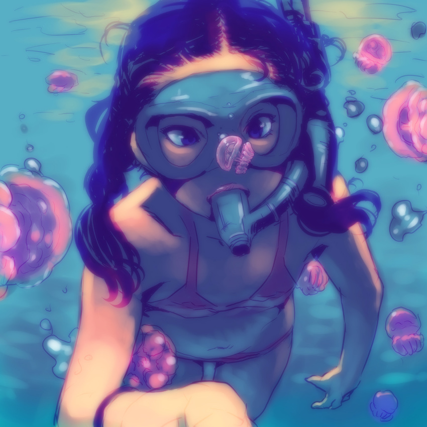 1girl, bikini, black_hair, blue_eyes, diving_mask, goggles, highres, honzawa_yuuichirou