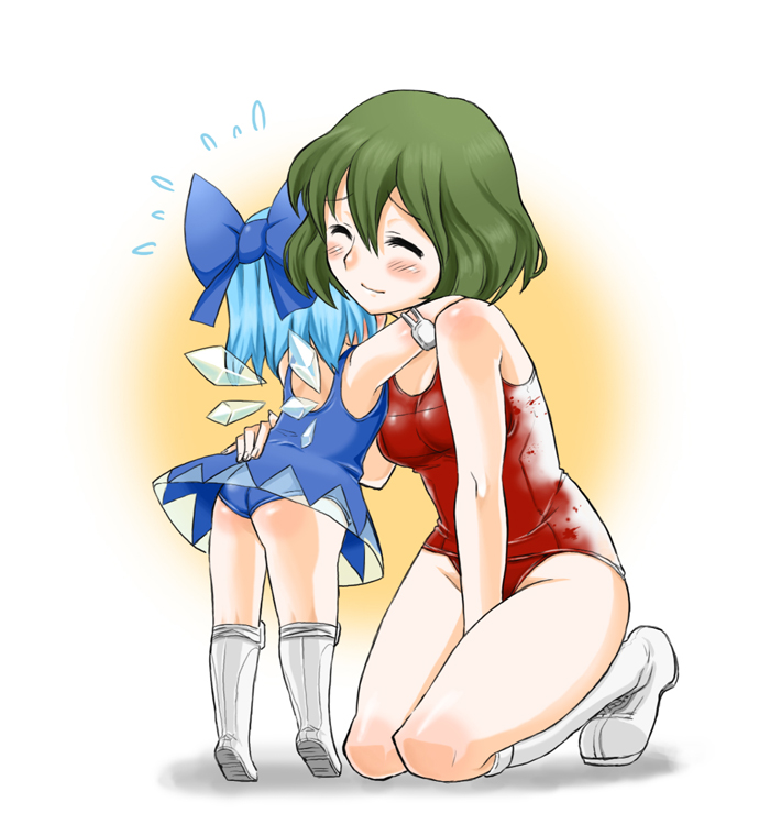 adapted_costume, ass, blood, blue_hair, blush, boots, bow, child