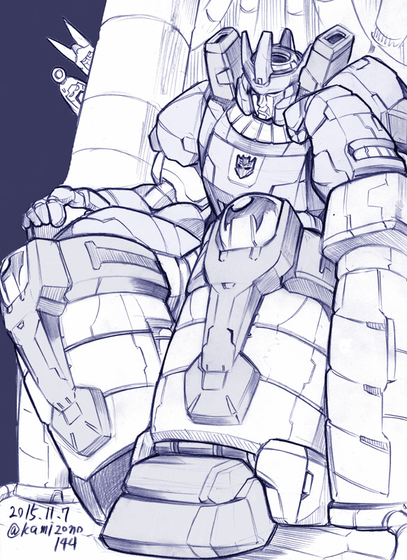 3boys, 80s, closed_eyes, cyclonus, decepticon, galvatron, kamizono_(spookyhouse), machine, machinery, male, mecha, monochrome, multiple_boys, no_humans, oldschool, robot, science_fiction, scourge_(transformers), sleeping, transformers, twitter_username