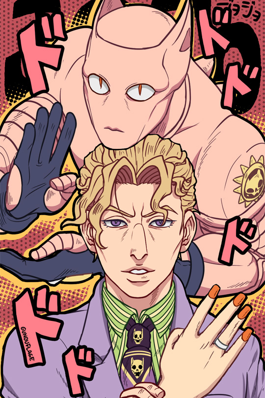 1boy, blonde_hair, formal, gunouflage, halftone, halftone_background, jewelry, jojo_no_kimyou_na_bouken