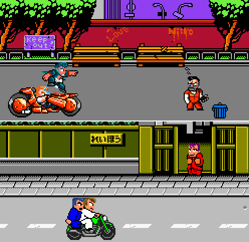 akira, downtown_nekketsu_monogatari, fake_screenshot, gakuran, kunio-kun, kunio-kun_series, lowres, motor_vehicle