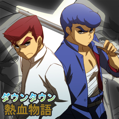 2boys, 83pikoru, angry, bandaid_on_face, blue_hair, character_request, downtown_nekketsu_monogatari, gakuran