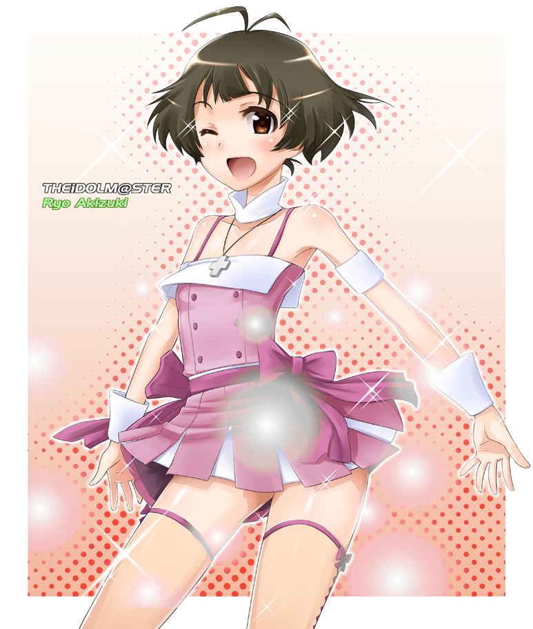 akizuki_ryou, antenna_hair, bare_shoulders, brown_eyes, brown_hair, cross, crossdressinging, cute_&amp;_girly_(idolmaster)