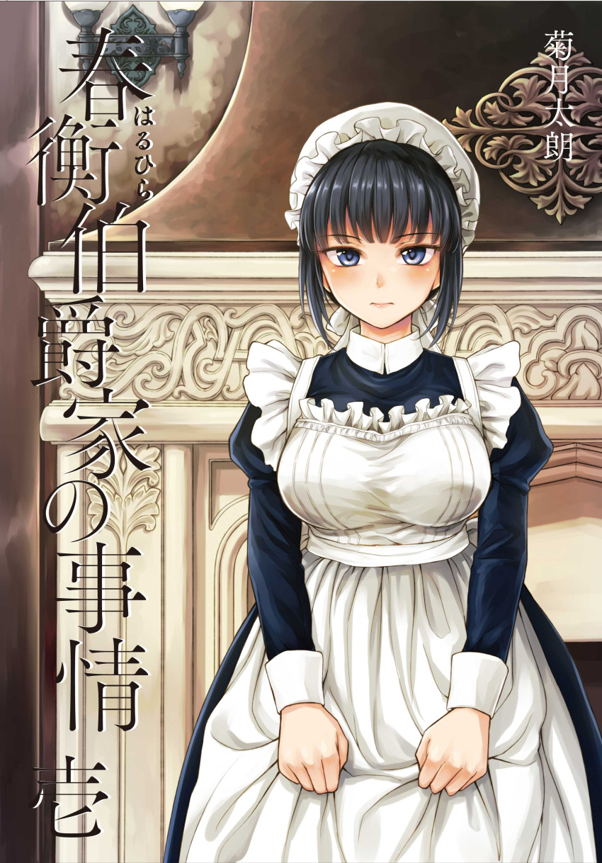1girl, absurdres, apron, apron_grab, blue_eyes, blue_hair, breasts, cover