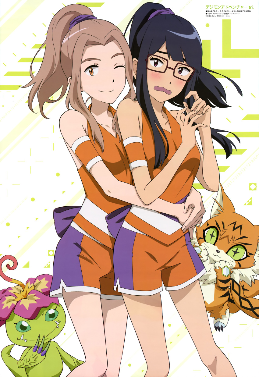 +_+, 2girls, absurdres, bare_shoulders, black_hair, blush, bow, breasts