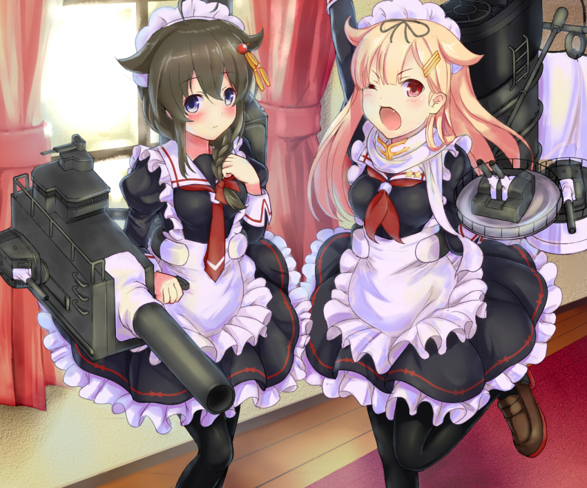 2girls, black_hair, blonde_hair, braid, em_s, fang, hair_ornament, hairclip