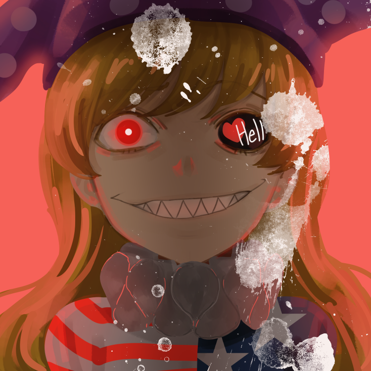 1girl, american_flag_shirt, amino_(tn7135), bangs, blonde_hair, clownpiece, grin, hat, heart, heterochromia, hollow_eyes, jester_cap, neck_ruff, portrait, red_background, red_eyes, sharp_teeth, simple_background, sket, smile, solo, splatter, star_print, striped, teeth, text, touhou