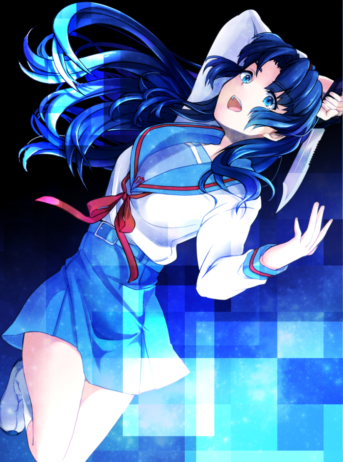 1girl, asakura_ryouko, blue_hair, dagger, long_hair, nao_(doublexdutch), school_uniform, serafuku