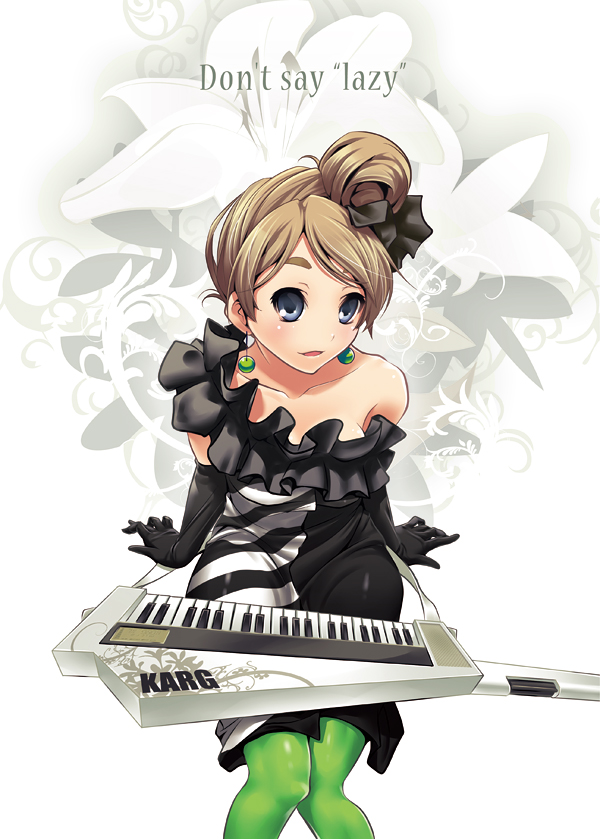 1girl, bare_shoulders, blonde_hair, blue_eyes, brand_name_imitation, brandname_parody, don't_say_lazy, don't_say_"lazy", dress, eyebrows, gloves, green_legwear, hair_bun, instrument, k-on!, keytar, kotobuki_tsumugi, nilitsu, pantyhose, solo