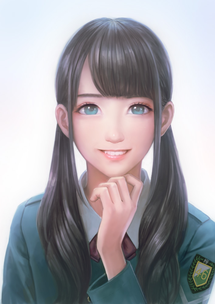 1girl, bangs, black_hair, blunt_bangs, keyakizaka46, long_hair, mizuho_habu, real_life, smile, solo, teeth, zhenlin