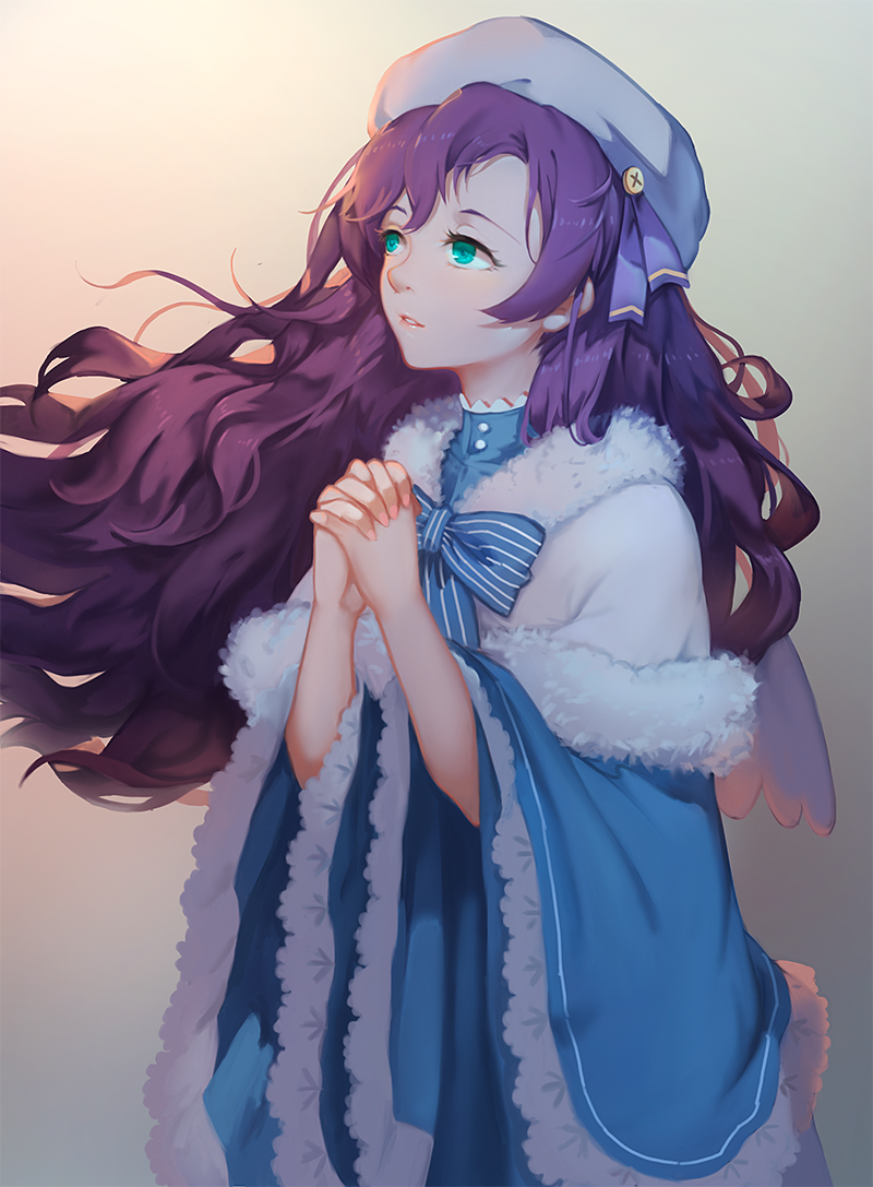 1girl, bangs, blue_bow, bow, capelet, eyelashes, floating_hair, fur_trim