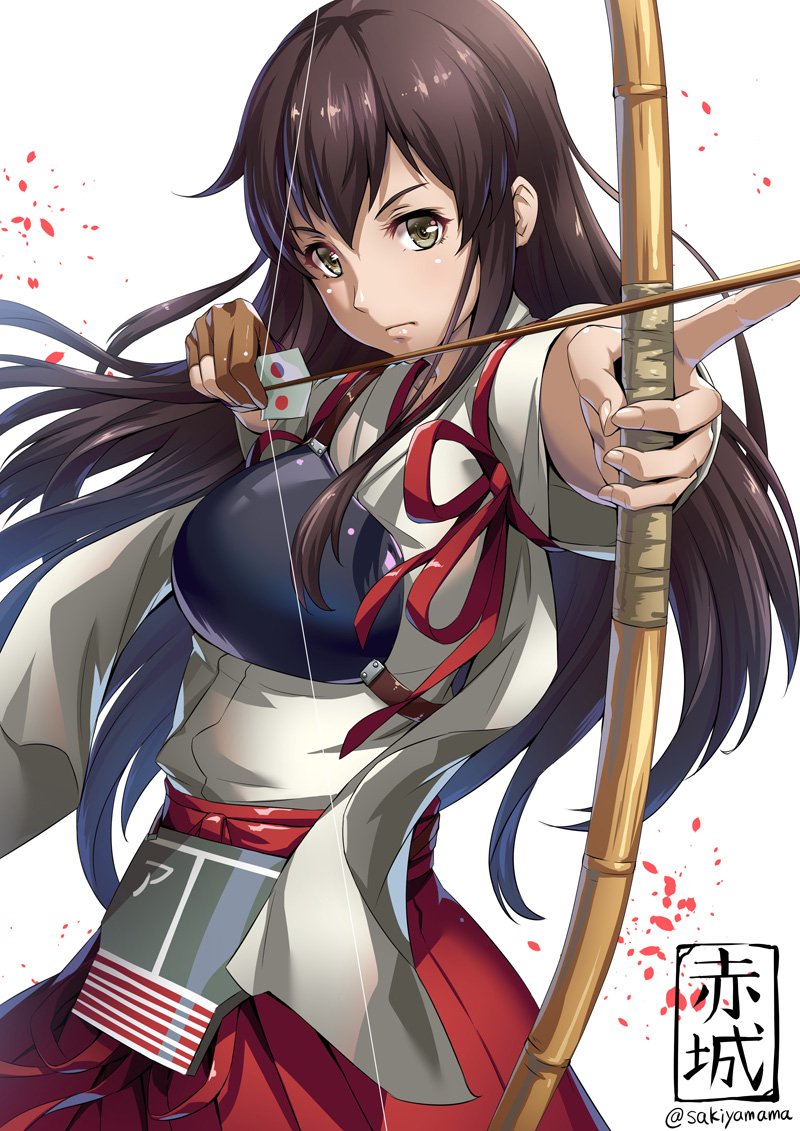 1girl, aiming, akagi_(kantai_collection), arrow, artist_name, bow_(weapon), breastplate, brown_eyes