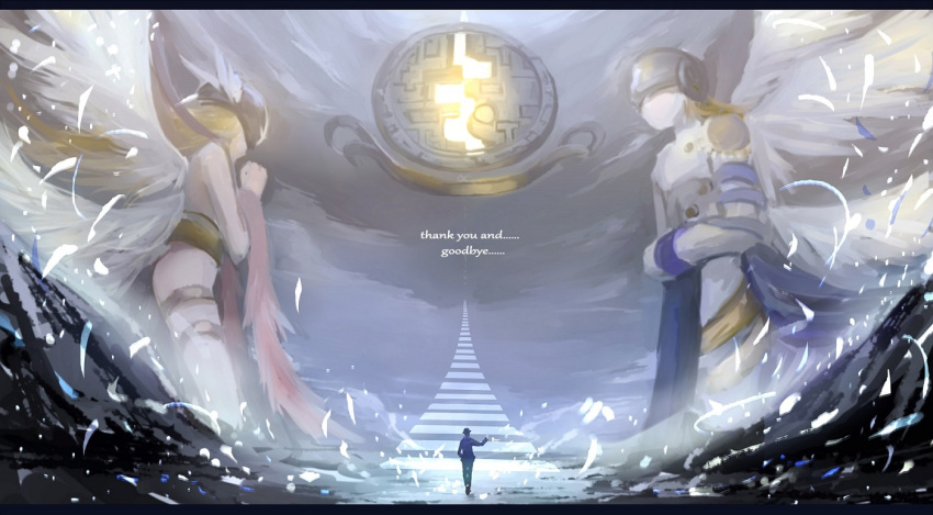 1boy, 2girls, angel_wings, blonde_hair, long_hair, multiple_girls, wada_kouji, wangchuan_de_quanyan