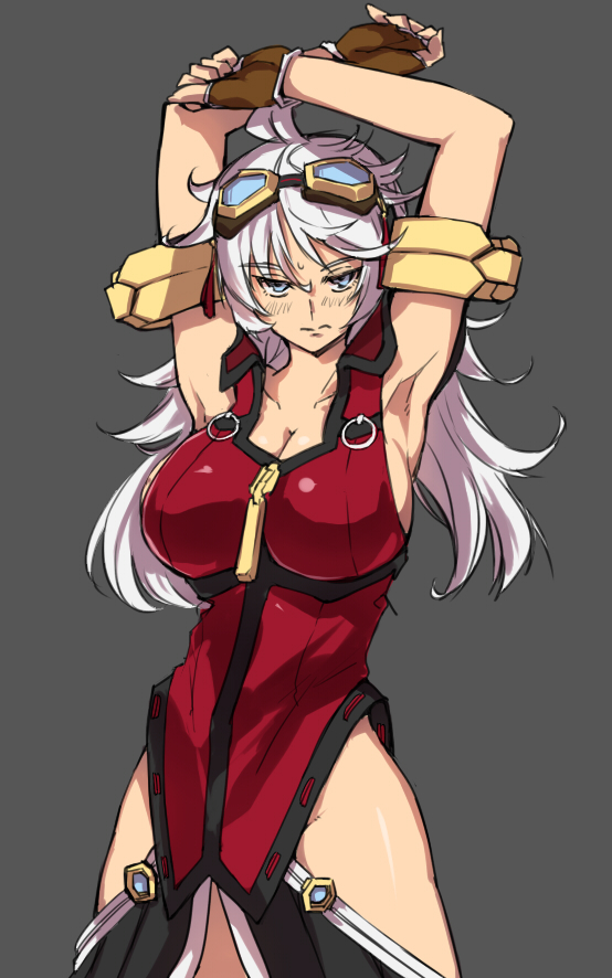 1girl, antenna_hair, armlet, armpits, bare_shoulders, blue_eyes, blush, breasts
