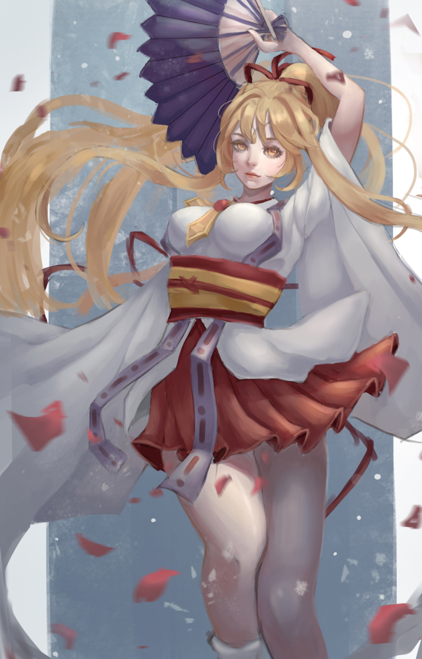 1girl, alternate_eye_color, arm_up, blonde_hair, eyelashes, fan, folding_fan, hair_ribbon