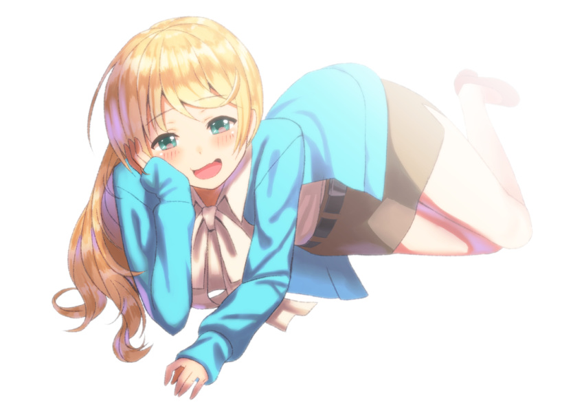 1girl, :d, aqua_eyes, backlighting, belt, blonde_hair, blush, brown_skirt