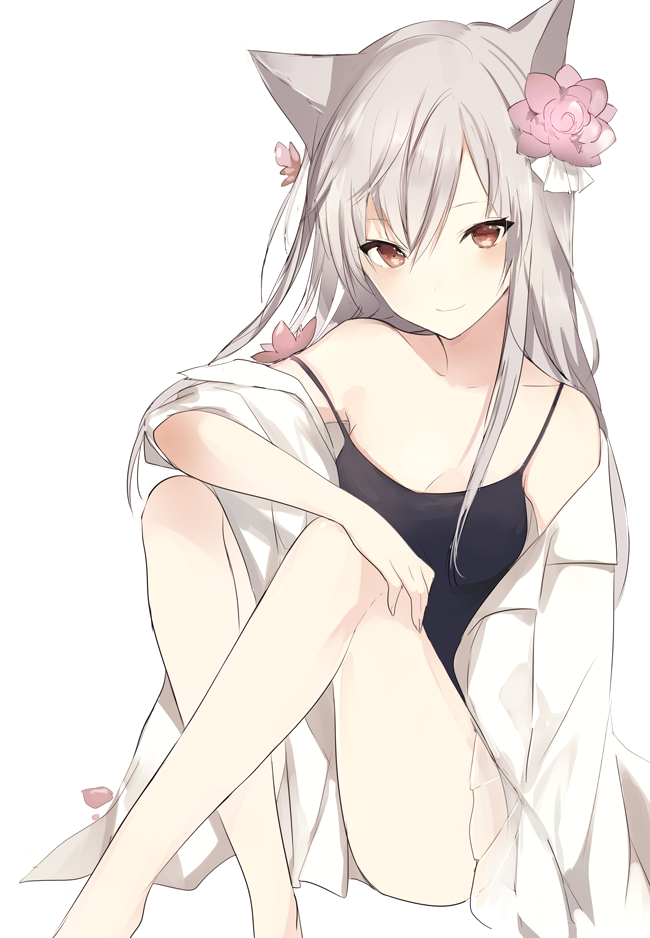 1girl, :d, animal_ears, bare_legs, bare_shoulders, barefoot, blush, breasts