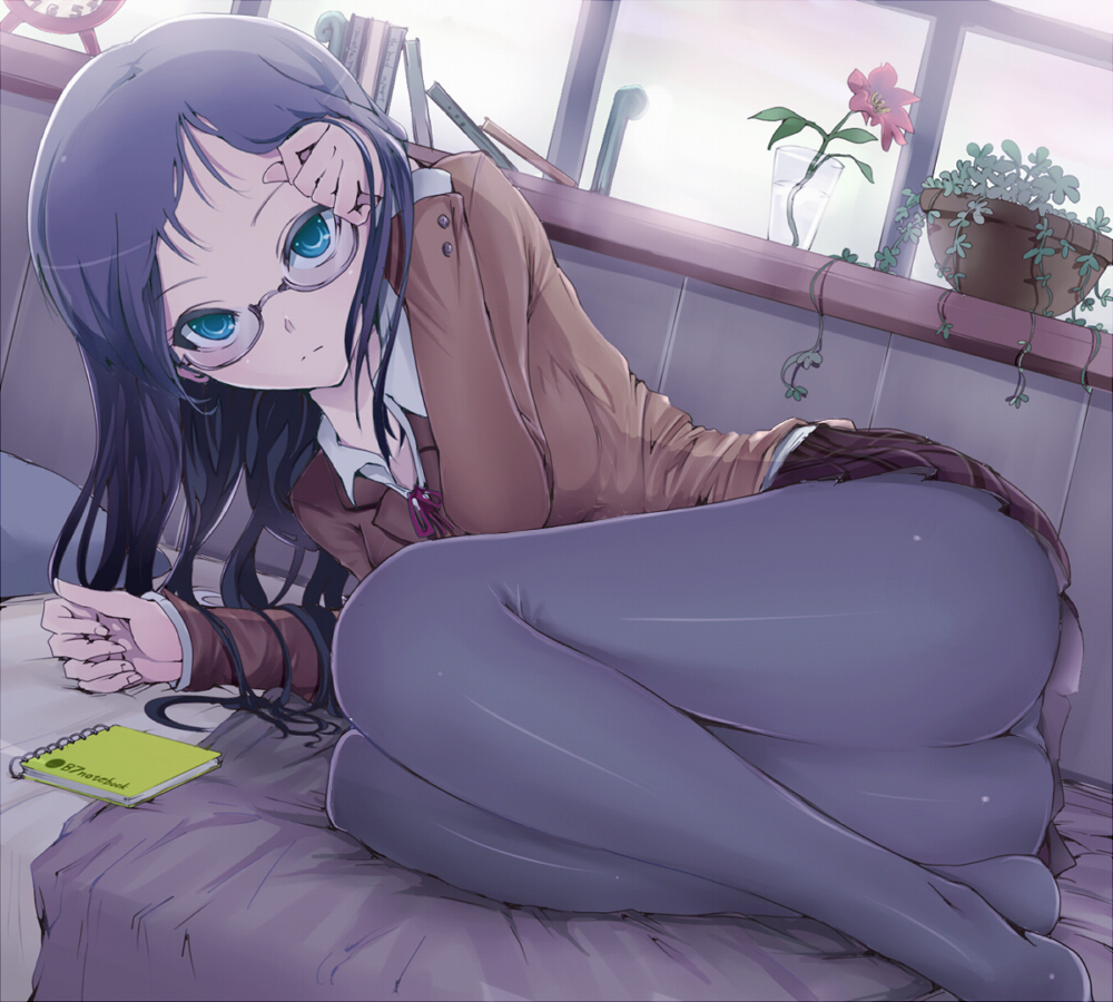 ass, bed, black_hair, blue_eyes, dutch_angle, flower, glasses, green_eyes