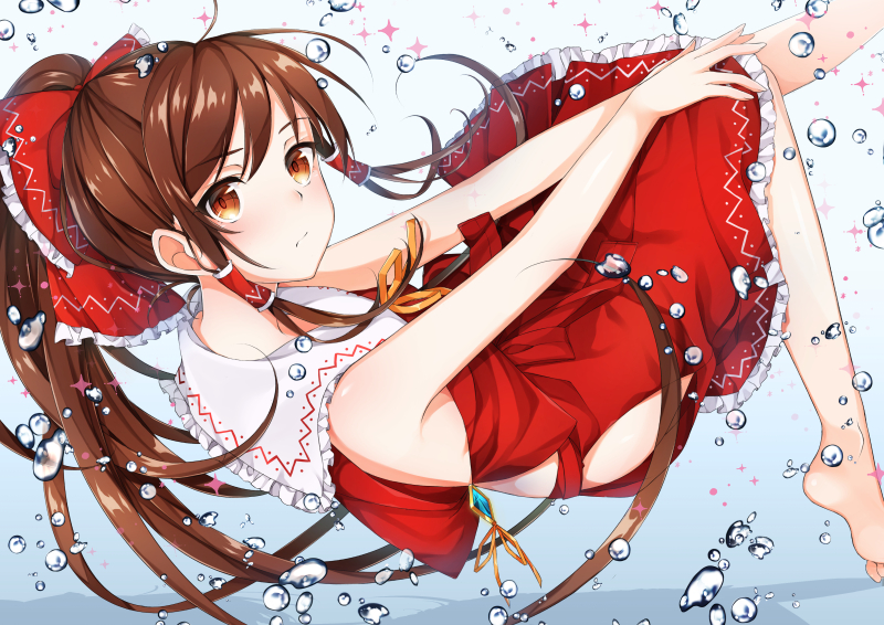 1girl, air_bubble, bare_legs, bare_shoulders, barefoot, blush, bow, brown_eyes