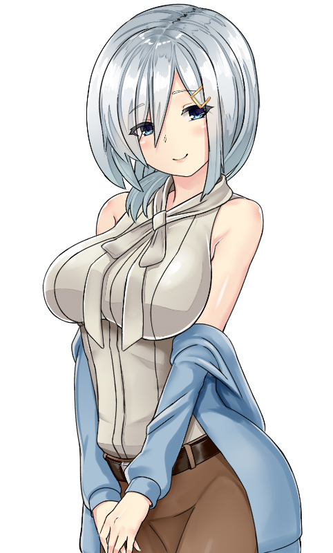 1girl, alternate_costume, bare_shoulders, belt, blue_eyes, blush, breasts, cosplay